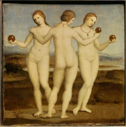 As três Graças. Pintura de Raffaello Sanzio, dito Rafael (1483-1520). 1504-1505. Chantilly. Museu Condé.