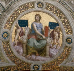 A filosofia. Fresco de teto em Stanza della Segnatura, ca 1510-1511.