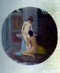 A casa de banho das mulheres na Antiguidade Grega. Ilustração retirada de "Afrodite" por Pierre Louys, de Raphael Colin