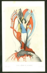 Cartão Postal, Cor Satirical: Pela Lei e Liberdade - Guerra de 14 -18, Aliados, Bandeiras - Ilustração da Águia de Kirchner (1876-1917)