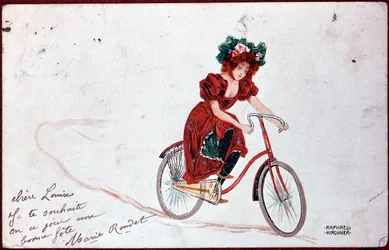 Cartão postal de uma mulher numa bicicleta - ilustração de R. Kirchner, v.1900