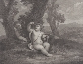 O bebê Baco sentado debaixo de uma árvore, segurando uma taça de vinho, com outro bebê atrás..., 1780