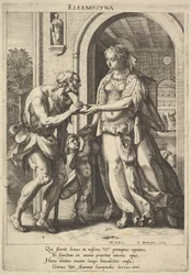 Esmola: uma mulher com cocar de pérolas e auréola entrega pão a dois mendigos, um deles..., 1589.