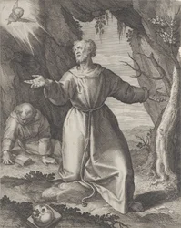 São Francisco ajoelhado com os braços estendidos, olhando para um querubim no canto superior esquerdo,..., 1599.