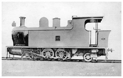 Motor de tanque, locomotiva a vapor construída por Kerr, Stuart e Co, início do século XX.