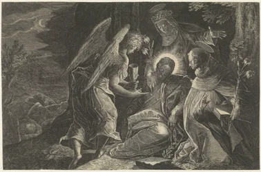 Cristo é consolado no Getsêmani por um anjo, São Domingos e Santa Catarina de Sena Espelho de obediência Perfectissimvm Obedientiae Specvlvm (título no objeto) Espelhos de obediência, castidade e pobreza (título da série)