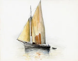 Barco (gabare) no estuário do Gironde (guache, carvão e lápis sobre papel)