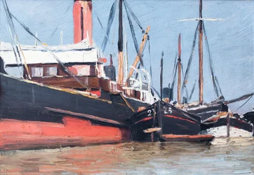 Barcos num porto (óleo sobre madeira)