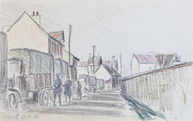 Comboio de veículos militares em Trilport, c1914-18 (lápis sobre papel)