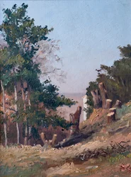 Árvores cortadas, ao fundo, estauire de la Gironde (óleo sobre madeira)