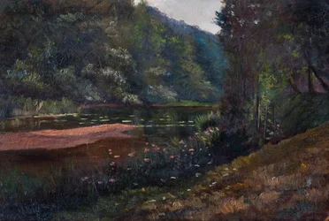 Paisagem com floresta, lago e nenúfares