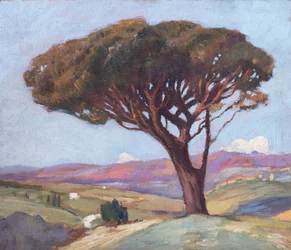 Paisagem com pinheiro manso (óleo sobre madeira)