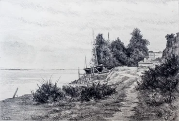 Estaleiro naval no estuário do Gironde (lápis e carvão sobre papel)