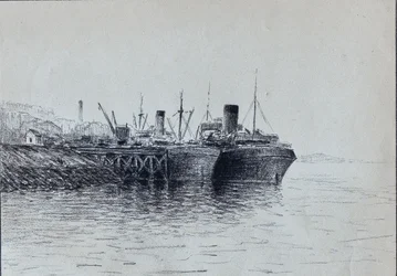 Dois barcos no cais (carvão vegetal)
