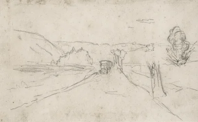estrada com camiões e explosões num campo, c1914-18 (desenho)