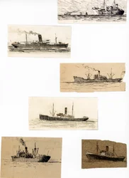 esboços de vários navios de carga da marinha mercante (tinta, carvão, lápis)