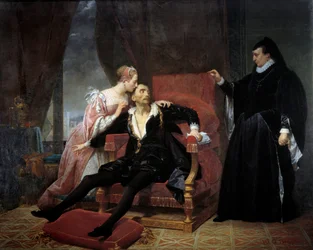 A morte do rei Carlos IX (1550-1574). O rei morreu de pneumonia no castelo de Vincennes, à direita a sua mãe Catarina de Médici (Caterina de