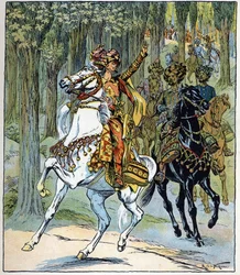 Ladrões a cavalo: ilustração do conto "Aladino ou a lâmpada maravilhosa" das "Noites da Arábia