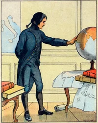 Napoleão Bonaparte (1769-1821), consulta um globo terrestre na escola de Brienne, aos 19 anos de idade, retirado de "Nos-Gloires Nationales", c.1920 (gravura)
