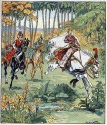 Parizade ultrapassa os seus irmãos Bahman e Pervis na corrida de cavalos. Ilustração de Raymond de La Neziere (1865- 1953) para o conto "Histoire des deux sœurs jealous de leur cadette" em "Les mille et une nuits" (les 1001 nuits ou Le mille e una notte, A
