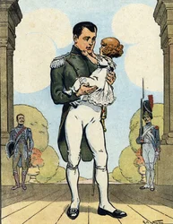 Retrato do Imperador Napoleão I (1769-1821) com o seu filho Aiglon (1811-1832) (Rei de Roma Napoleão II, Duque de Reichstadt) (Imperador francês Napoleão I com o seu filho Napoleão II) Ilustração de Raymond de Neziere em "Our-Glories-Nationales" 1920 DR Pr