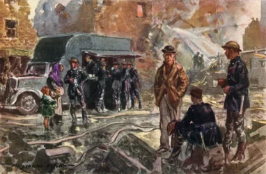 Bombeiros do Serviço Nacional Britânico de Bombeiros em tempo de guerra utilizando uma cantina móvel durante a Blitz, Segunda Guerra Mundial