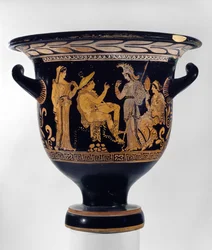 Sino-cratera de figuras vermelhas de Apúlia decorada com uma cena do Julgamento de Paris, c.375-350 aC (cerâmica)