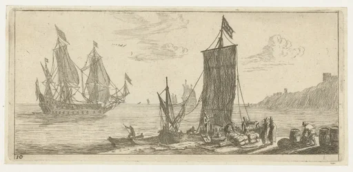 Baía com um corner e um navio de guerra Vários Embarquements et autre Faicts (título da série) Várias embarcações e afins (título da série)