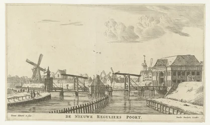 Vista do Terceiro Regulierspoort em Amesterdão
O novo Reguliers Poort (título sobre o objecto)
Portões da cidade de Amesterdão (título da série)
New and eygentlycke afbeeldinghe der stadts-poorten van Amsterdam in 
