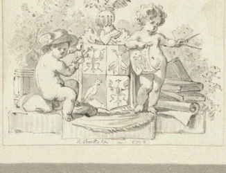 Dois putti, com bússola e escudo, no brasão da família Schoemaker