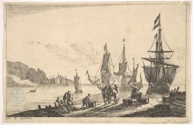 Baía com embarcações à vela, século XVII.