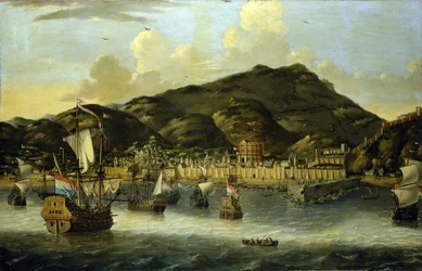 Navios holandeses ao largo de Tripoli (Líbia), com as muralhas fortificadas do porto e da cidade. Pintura a óleo de Reinier Nooms (1623-1667).
