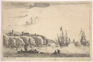 Porto com vila em um penhasco, século XVII.