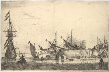 Navios cuidados com calafetagem do casco, século XVII.
