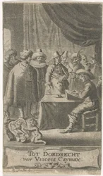 Comerciante à mesa de escrita
Página de título para: J. van der Does et al, Verscheyde voyagien, ofte reysen, 1652