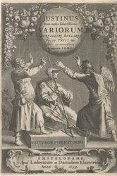 Minerva e duas figuras encadeadas
Página de título para: A. Thysius, Justinus cum notis selectissimis variorum Berneggerj, Bongarsy, Vossy, Thysy, &c, 1659