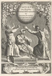Minerva en twee geketende figuren Titelpagina voor: A. Thysius, Justinus com as várias observações mais selecionadas e uma revisão detalhada, 1650
