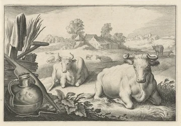 Pasto com duas vacas deitadas Diversa Animalia Quadrupedia (título da série)