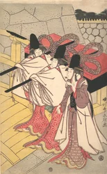Príncipe Genji retornando ao seu palácio onde sua esposa o espera, ca. 1797., c. 1797.