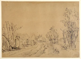 Uma estrada principal que leva a uma casa através de árvores (duas pontes e portões de acesso ao dijk) (caneta e tinta em papel pardo)