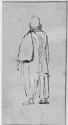Um homem visto por trás, caminhando para a esquerda (caneta e tinta sobre papel)
