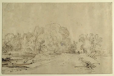 Canal com barcos, uma estrada com dique e árvores (caneta de cana e tinta com lavagem em papel)