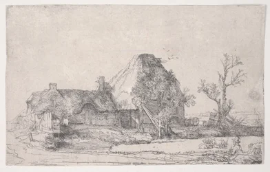 Casas de campo e edifícios agrícolas com um homem desenhando, c.1645 (gravura)