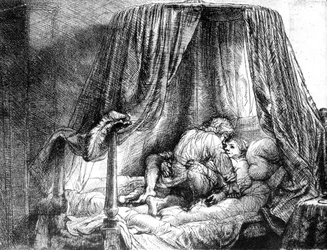 Casal fazendo amor na cama, gravura de Rembrandt van Rijn (1606-1669) 1646