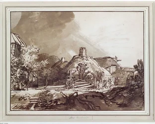 Casas sob um céu tempestuoso. Desenho a caneta e a tinta (desenho)