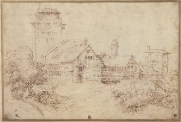 Paisagem com edifícios e amantes, abraçando, depois de Ticiano (caneta e tinta marrom com giz vermelho sobre papel)