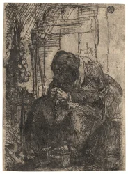 Mulher idosa sentada numa casa de campo com um fio de cebolas na parede, c. 1629 (gravura)