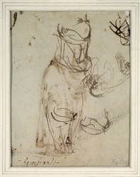 Estudos de um toucado alto; e de uma cabeça invertida do recto (caneta e tinta sobre papel) (verso de 2636119)