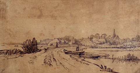 Vista da Sloten, c.1650 (caneta e tinta com lavagem castanha no papel)