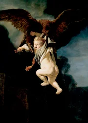 "O Rapto de Ganímedes Enquanto pastava o seu rebanho no Monte Ida em Troad, Zeus, transformando-se em águia, rapta-a para fazer dela sua amante, e o copeiro dos deuses Pintura de Rembrandt van Rhijn (1606-1669) 16